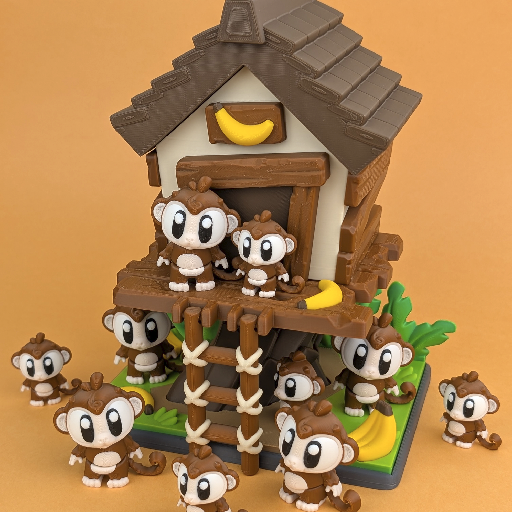 Monkey Treehouse Playset - Set Diorama 3D Maimuțe Kawaii cu Căsuță
